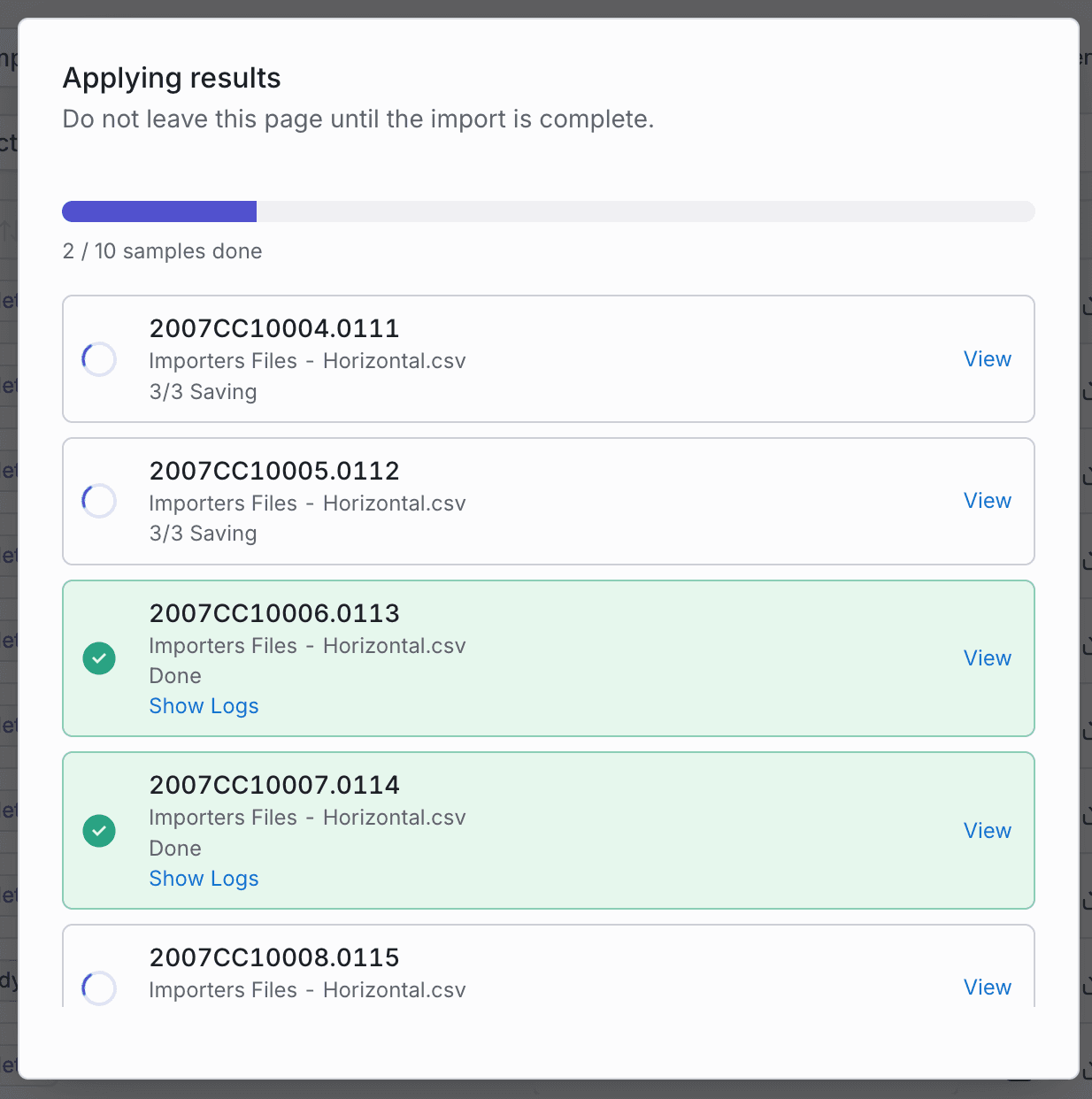 Import results dialog